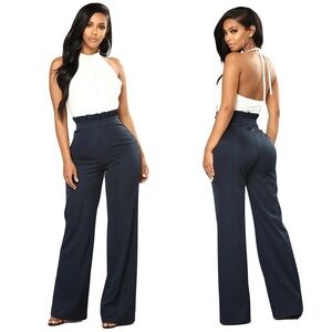 Fashion Nova Pearl Accented Halter Top Jumpsuit Navy and Off White Size L